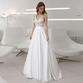 

ADLN Classic Spaghetti Straps Satin Wedding Dresses with Pearls Sexy Back Robe de Mariee A-line Bridal Gown Customzied