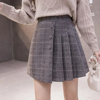 

Autnumn Winter Preppy Style Irregular Pleated Patchwork Woolen Women Skirt High Waist Button Skirt Thick Mini Plaid Faldas Mujer
