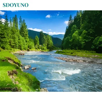 

SDOYUNO oil painting by numbers diy Frameless 60X75cm River Landscape Home Decor pictures by numbers Canvas Painting
