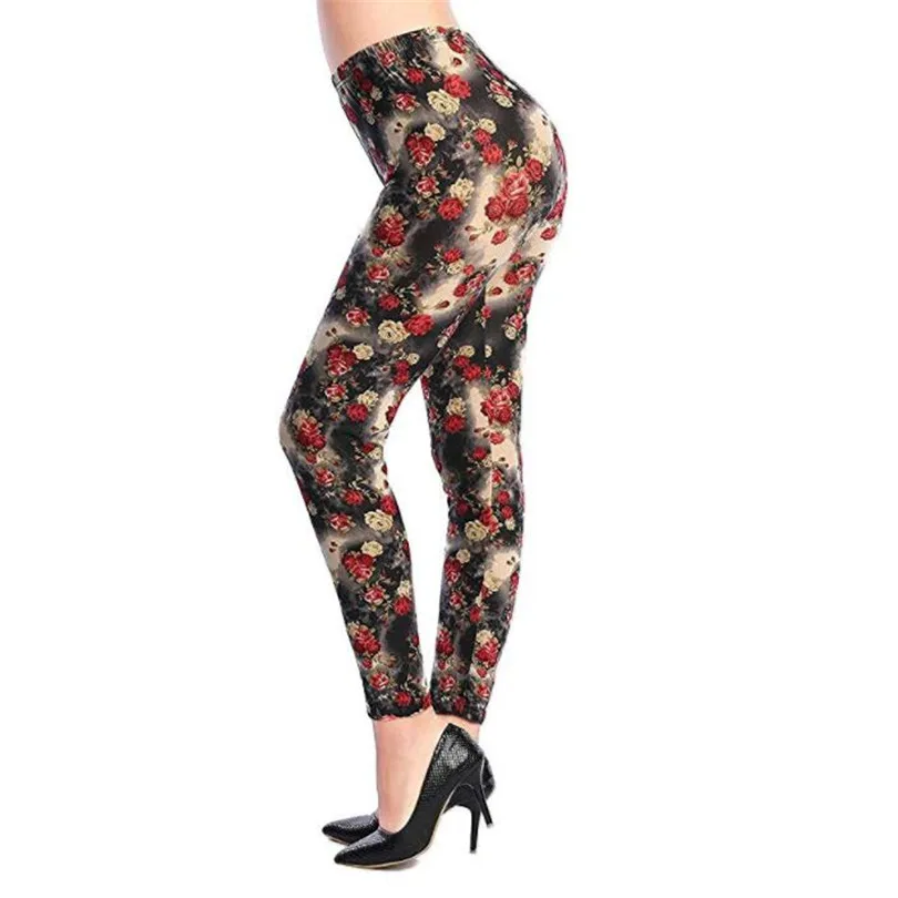 YRRETY New Floral Patterned Printed Leggings Fashion Sexy Women Lady Slim Cotton Pants Black White Vintage Graffiti Trousers
