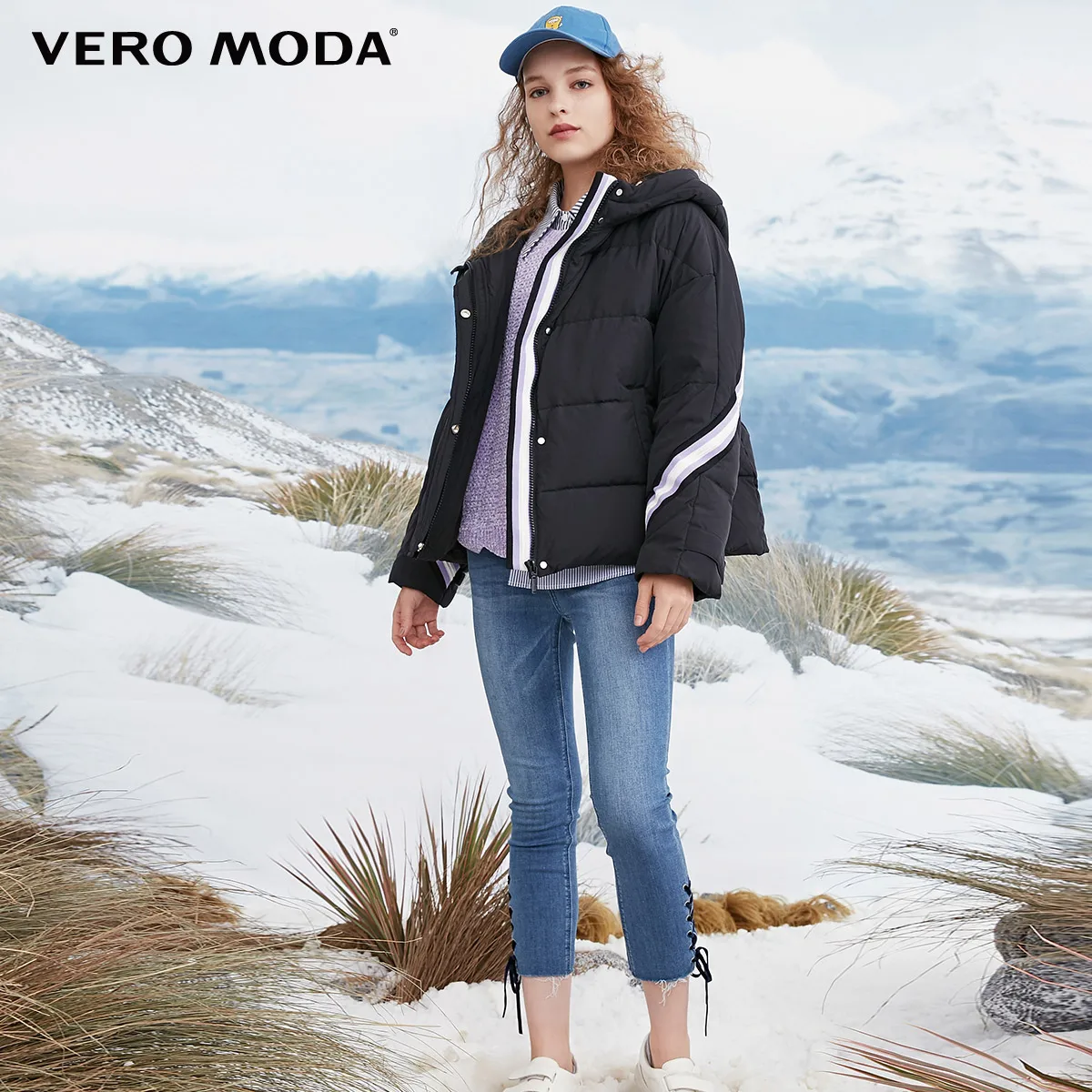 Vero Moda женский полосатый декоративный с капюшоном спущенные плечи свободный крой негабаритный короткий пуховик | 318423504