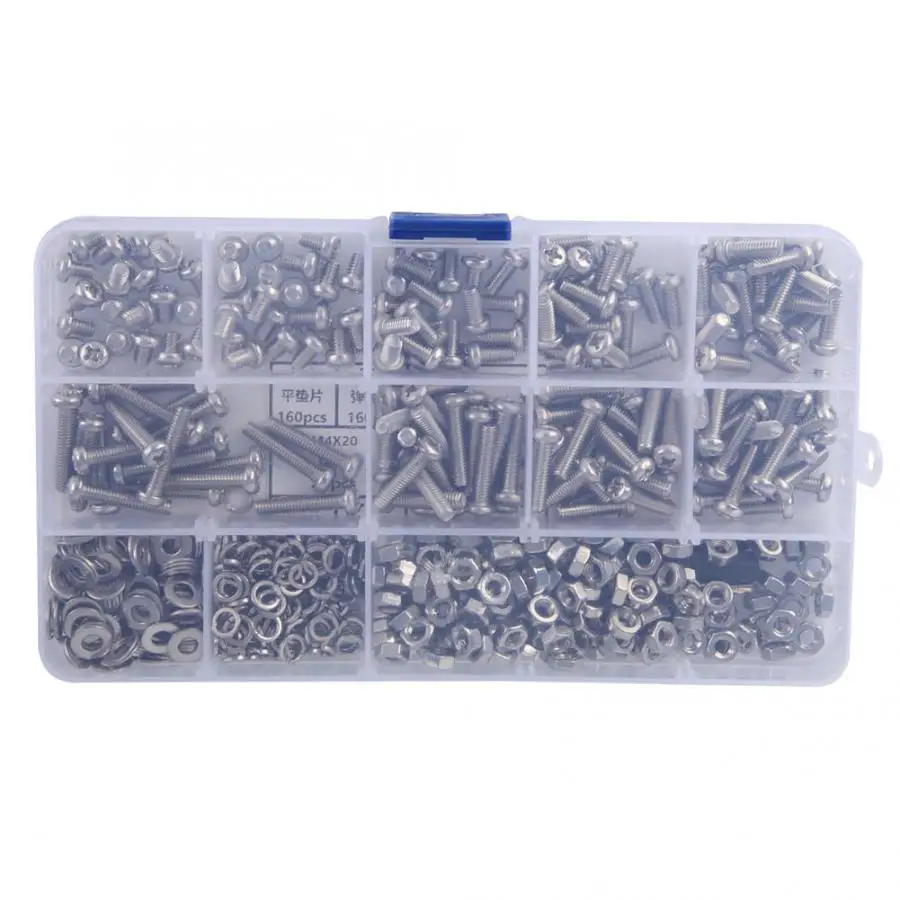 

662PCS Stainless Self Tapping Screws DIY Combination Set M4 Pan Head Cross Machine Screw+Flat/Elastic Washer+Nut