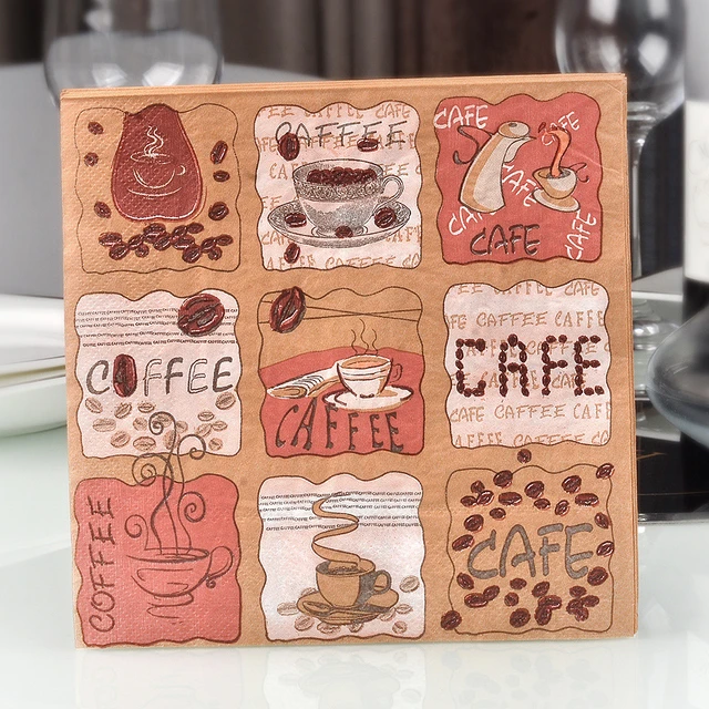 10pcs 33*33cm tovaglioli di carta a tema caffè tovaglioli Decoupage  decorati per la decorazione della festa nuziale tessuti di legno vergine