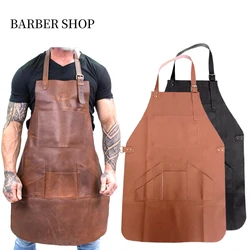Fashion Soft Leather Work Apron With Tool Pockets Cross-Back Straps Adjustable Barber Gardening Cafe Pet Shop Apron
