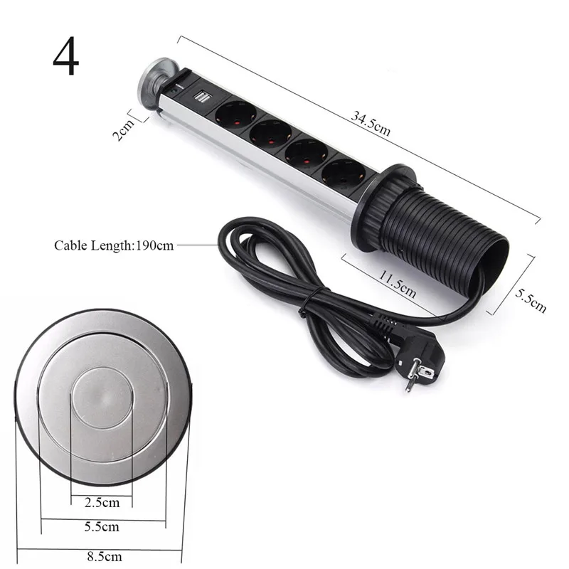 

EU Plug 3/4/5/6 power Kitchen Table Electrical Socket Desktop Sockets Power 1 Led+2 charge USB Aluminum Shelf
