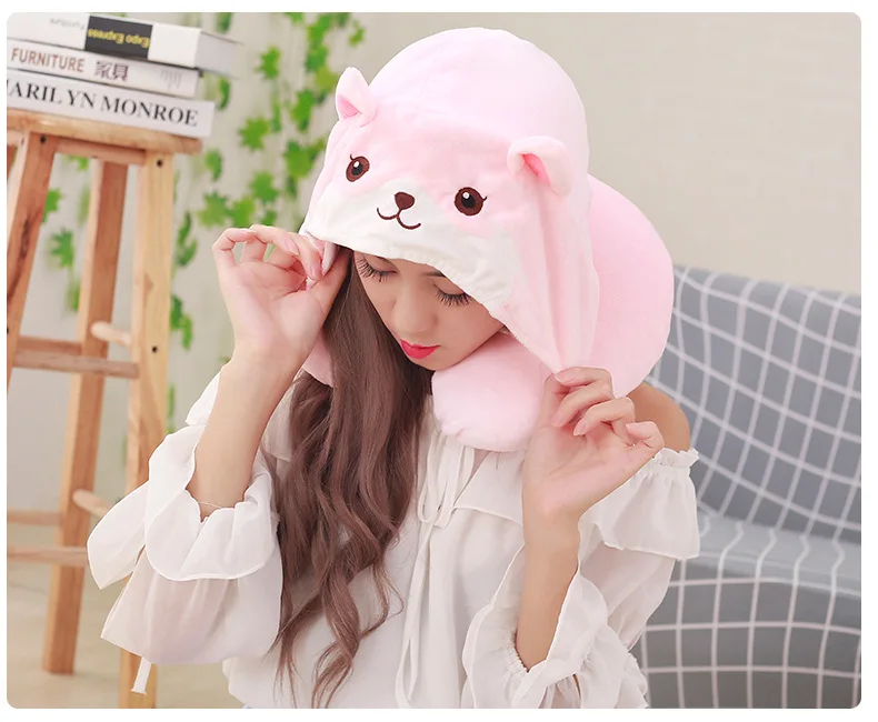 Creative Cartoon Cute Washable Two Stay Expression Plush Hooded U-SHAPE Pillow Gift Airplane Neck Pillow