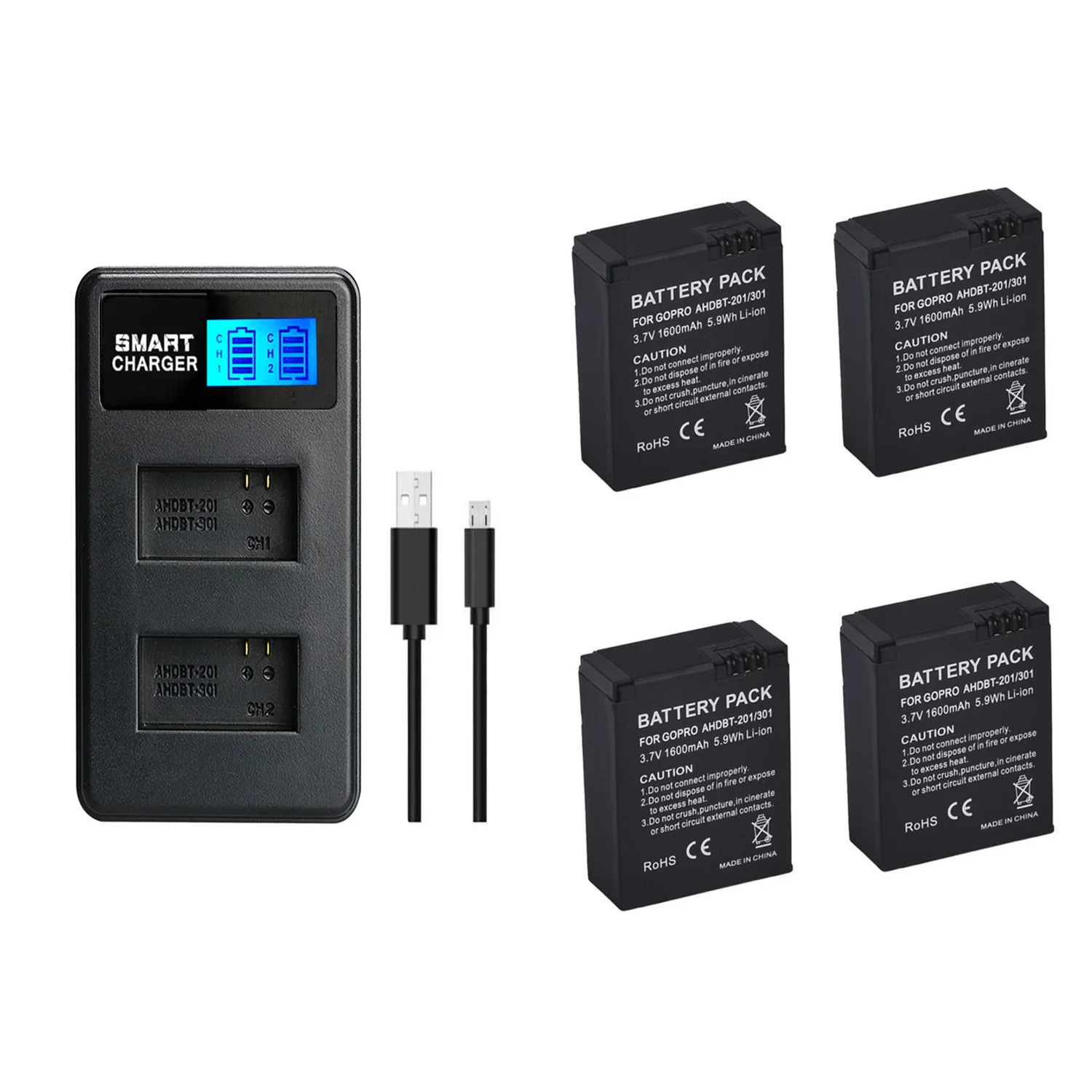 4 pcs 1600mAh for GoPro AHDBT 201/301 Camera Battery with Dual Battery