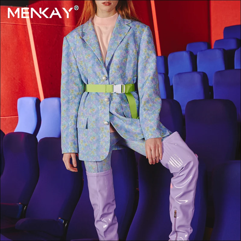 

[MENKAY] Print Elegant Women's Suit Long Sleeve with Belt Blazer Slim Leggings Pants Two Piece Matching Set Female 2019 New