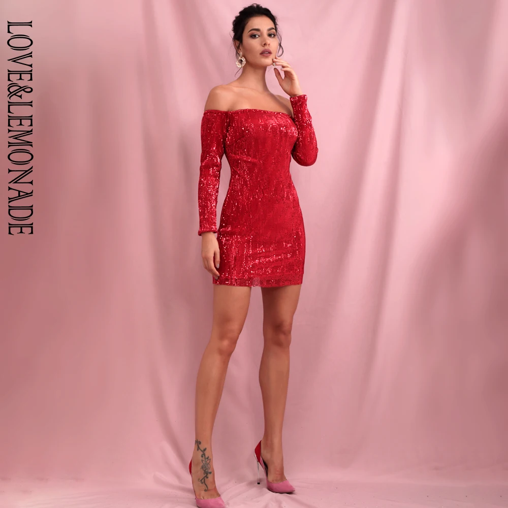 LOVE& LEMONADE сексуальные красные облегающие вечерние мини-платья с открытыми плечами и эластичными блестками LM0612