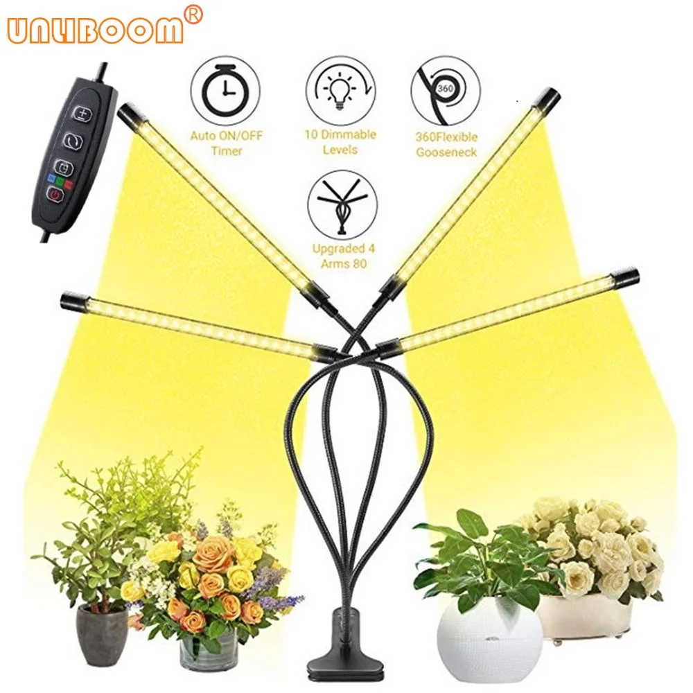 USB 5V Timer Dimmable Full Spectrum 4 Head LED Grow Light 40W 360Degree Flexible Clip Phyto Lamp Indoor Sunlight Plant Veg Lamp