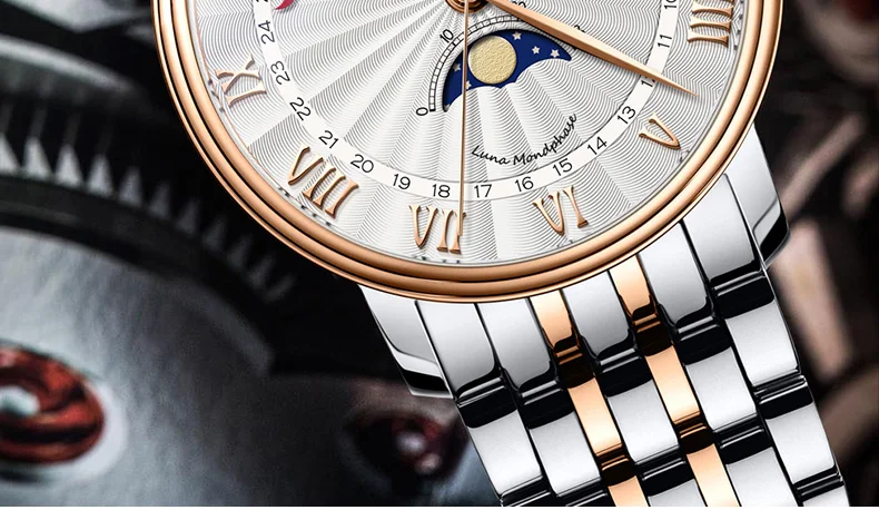 LOBINNI Men Watches Quartz Luxury Brand Watch Men Sapphire Waterproof Moon Phase Calendar Steel Rose Gold Man Hours reloj hombre