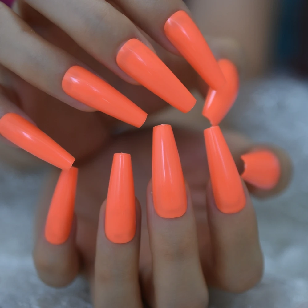 Neon Color Extra Long Fake Nails Slim Coffin Shape Fashion Tips Orange Yellow Ladies Fingernails With Glue Sticker False Nails Aliexpress