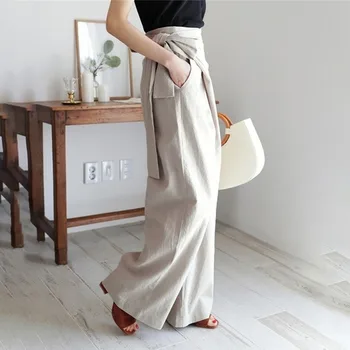 

Elegant Lady Casual Loose Women Long Pants Summer Cotton Linen Comfort Wide Leg Pants 2020New Fashion Lace Up Trousers Plus Size