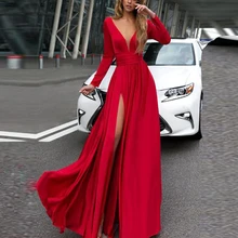 CPA007 Hot Sale Elegant Long Sleeves A Line Evening Dress New Arrival Sexy Front Split V Neck Evening Gown Custom Made
