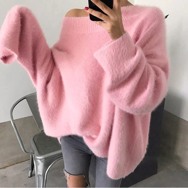 

Fake Mink Cashmere Sweaters Women Autumn Winter Pink Jumper Korean Slash Neck Loose Tops Cold Shoulder Oversized Pullover V995