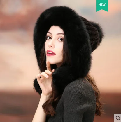 black Женские шапки из натурального меха норки, наушники с мехом лисы, благородные женские теплые зимние модные - Цвет: black