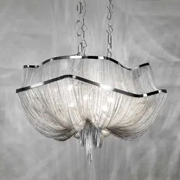 

French Aluminum Chain Tassel Chandelier Light Fixture Empire Vintage Hanging Suspension Lustre Chain Pendant Lamp Drop Light