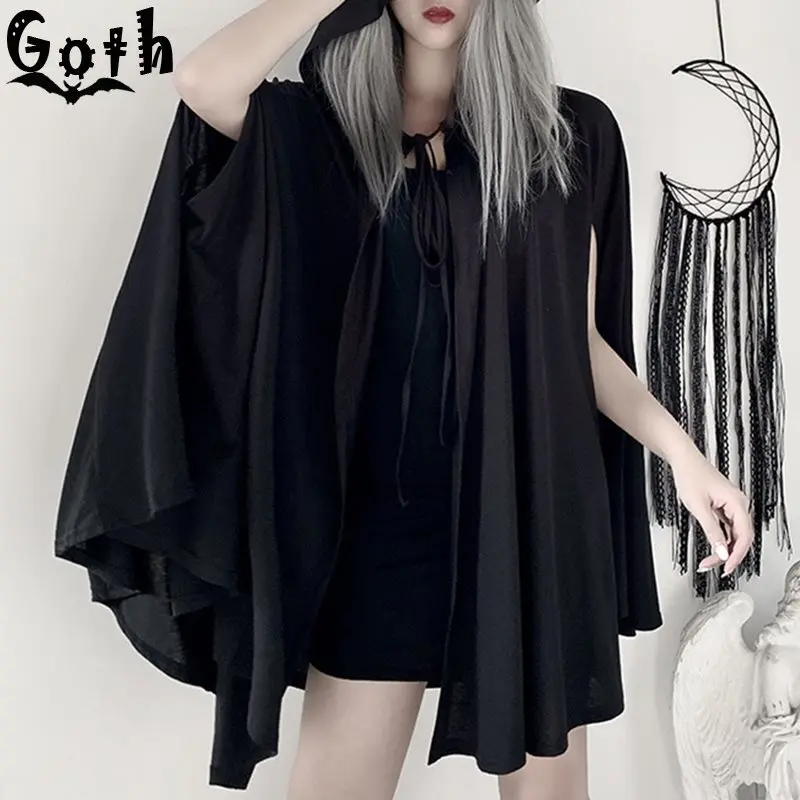 Gothic Black Cloak Women Hooded Cape Coat Lace Up Summer 2020 Shawl Party Casual Streetwear Female Capes |