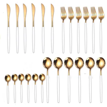 

24pcs Tableware Set 18\10 Stainless Steel Cutlery Set Gold Dinnerware Knifes Forks Spoons Mirror Cutlery Spoon Set Holiday Gift