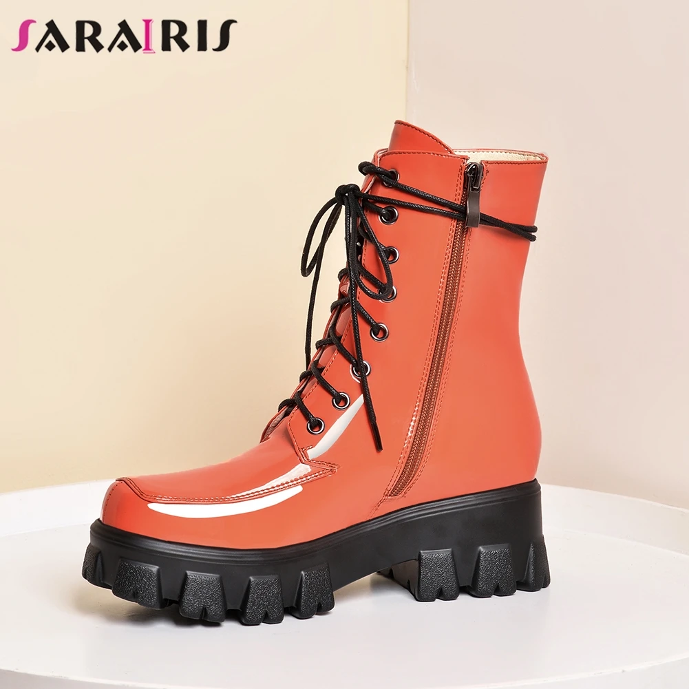 

SARAIRIS New Big Size 34-43 Girl 2019 Brand Platform Boots Women Casual High Heel Boots Fashion Patent PU Ankle Shoes Woman