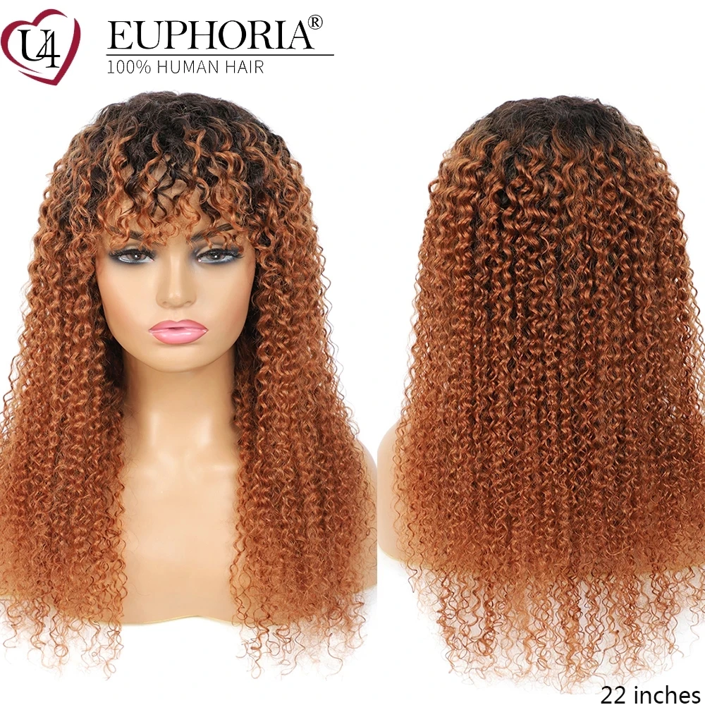 Kinky Curly Wigs 100%Human-Hair Bangs Brown Jerry Full-Machine Brazilian 9A 30 Euphoria