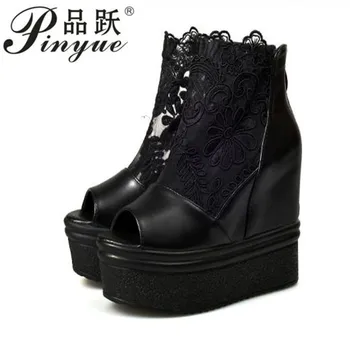 

shorha Fashion Sweet Lace Roman Shoes Women Wedge Heels White Black Platform Pumps High Heels Sandals White wedding shoes