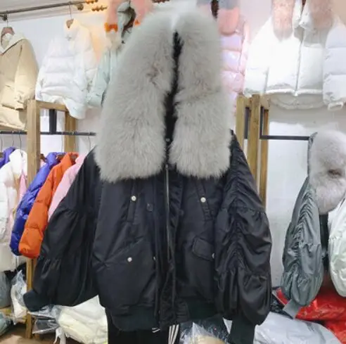 real fox fur Большой натуральный Лисий меховой воротник с капюшоном белый пуховик свободный короткий пуховик зимняя куртка Женская Толстая Женская парка - Цвет: real fox fur