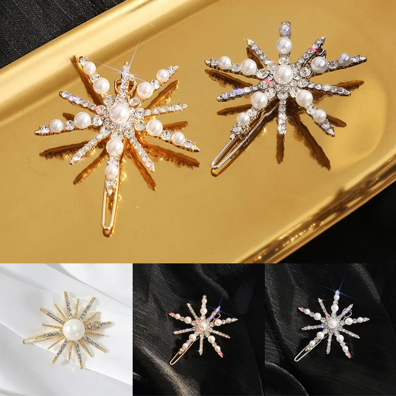 Fashion Rhinestone Snowflake Pearl Hair Pin For Women Bride Hairpin Crystal Hair Accessories Valentine's Day Hair Accessories