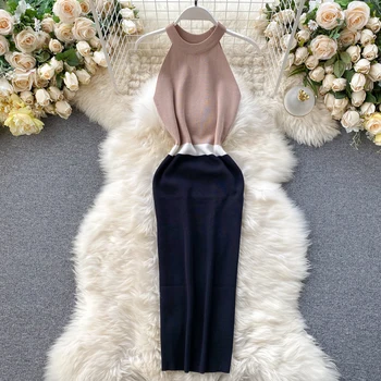 

2020 sexy Halter Neck Slim Summer patchwork Knitted Bodycon Midi pencil Dress Women Casual Party Tank sundress knee length dress