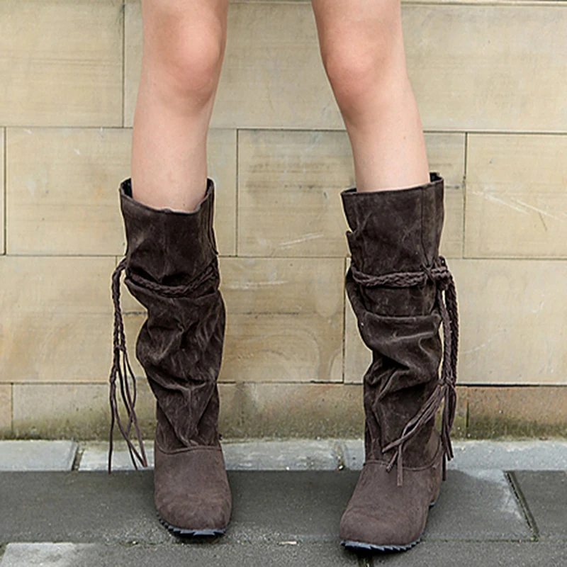 

Hot 4 Colors Fringe Boots 2019 Low Heel Tassel Moccasin Flat Knee High Women Boots Plus Size 35~43 Drop Shipping