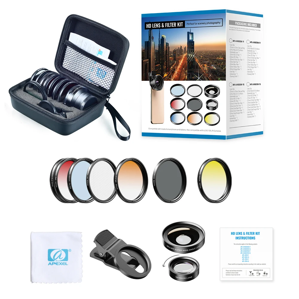 7 filters wide macro APEXEL HD оптический объектив камеры 52 мм UV Grad синий красный цвет фильтры+ CPL ND+ Звездные Фильтры+ 0.45x для Nikon Canon sony iPhone все телефоны - Цвет: 7 filters wide macro