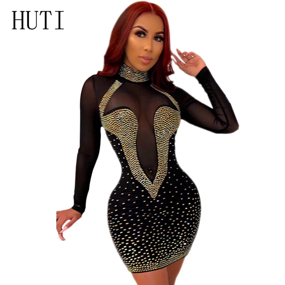 

HUTI Sparkly Crystal Rhinestone Mesh Sheer Sexy Bodycon Mini Dress Women Long Sleeve Turtleneck Tight Party Night Club dresses