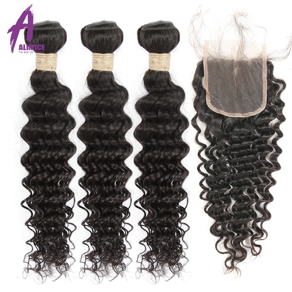 

Alimice Hair Brazilian Deep Wave Bundles With Closure 100% Human Hair Weaves 3 Bundles Deal With Closure Remy Hair Extensions