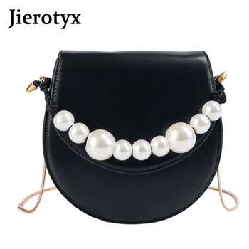 

JIEROTYX Women Pearl Chain Shoulder Bag Candy Colors Flap Crossbody Bags Women Handbag Fashion Simple Semicircle Messenger Bags