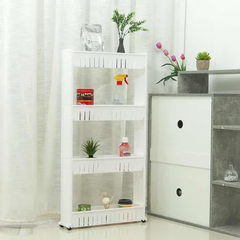 

Kitchen Storage Rack Fridge Side Shelf 3/4 Layer Removable With Wheels Bathroom Organizer Shelf Gap Holder White Color