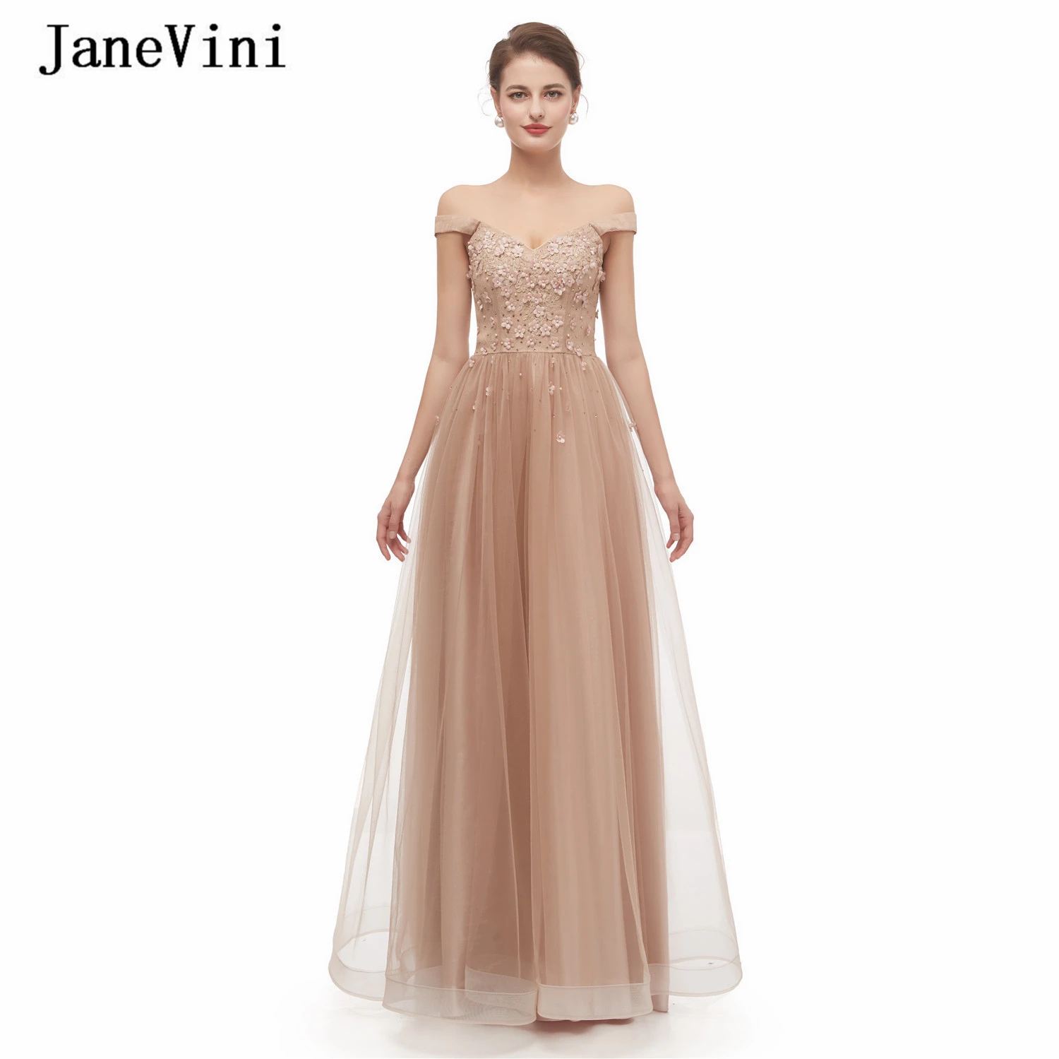 JaneVini Elegant Flowers Tulle Prom Dresses Long 2019 Off Shoulder Appliques Beaded A Line Lace Floor Length Formal Gowns | Свадьбы и