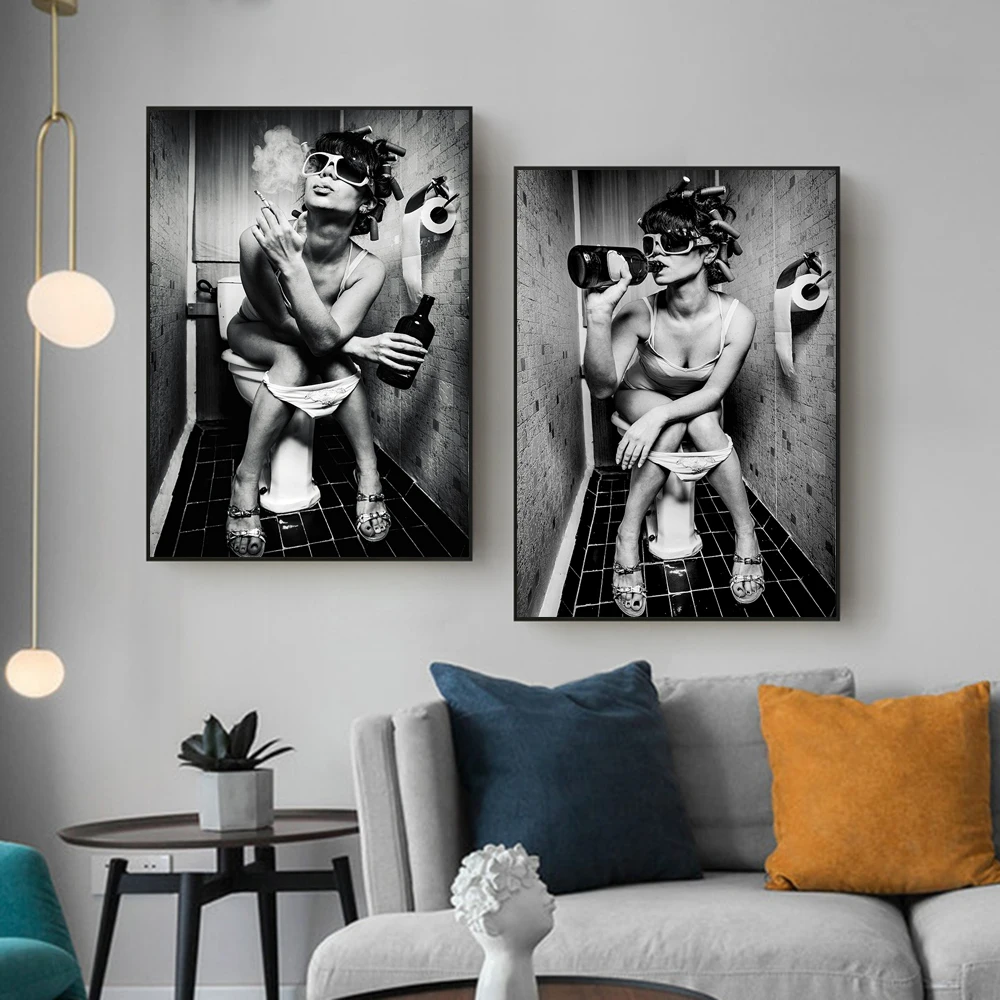 Toilet Sexy Girl Art Canvas Print Painting Smoking Drinking Bathroom Wall Picture Women Living Room Bar Home Decoration Poster | Дом и сад