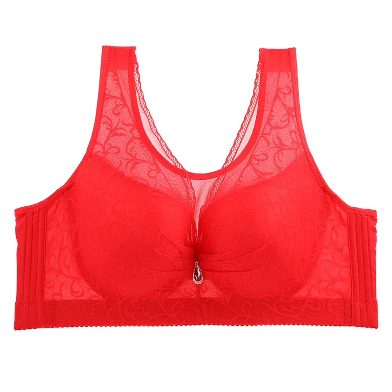 Bright red Бюстгальтер большого размера, удобный дышащий бюстгальтер с кружевом для подростков, бюстгальтер пуш-ап размера плюс - Цвет: Bright red