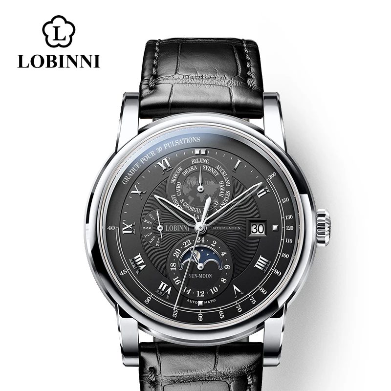 Швейцария LOBINNI мужской роскошный бренд часов Moon Phase автоматические механические мужские наручные часы Сапфировая кожа Чайка движение для мужчин t - Цвет: sliver-black-black-s