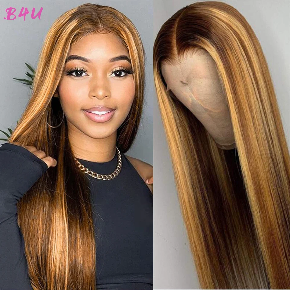B4U Highlight Wig Human Hair Honey Blonde Transparent Lace Wigs Remy T Part Brazilian Bone Straight Front | Шиньоны и парики