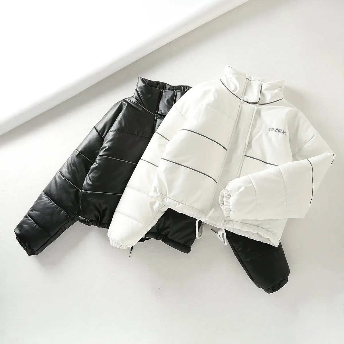 

Ch-741 Autumn And Winter WOMEN'S Dress Reflective Strips Short High-waisted Stand Collar Jacket Europe And America Fashion Warm