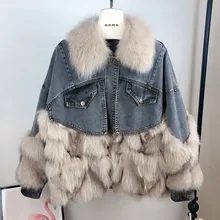

Fall Winter 2021 New Denim Stitching Fox Fur Parker Coat Women Young Fashion Loose Short Thick Jacket Single Breasted Outwear