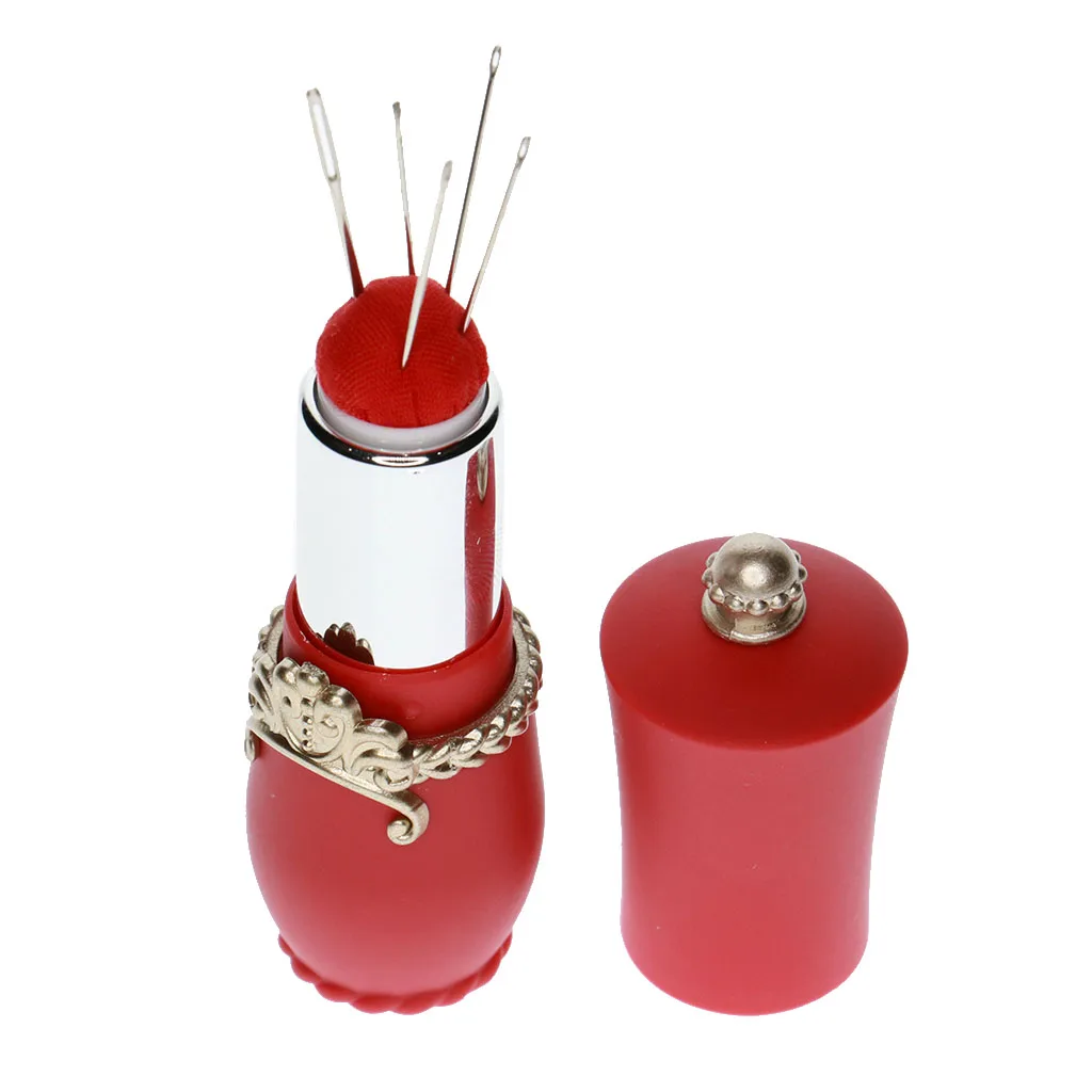 Lipstick Design Needles Pin Cushion Holder with 5pcs Sewing Needle Tools for Hand Needlework