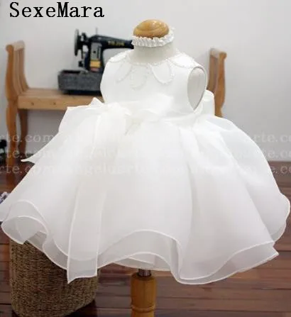 

Cute tutu 1 year baby birthday organza infant christening baptism gown with ribbon flower girl dress size 3m 6m 12m 24m