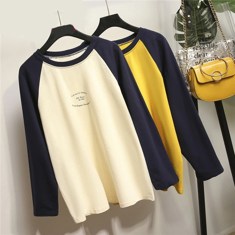 New Large Size Autumn Women's T-shirt Round Neck Long Sleeve Patchwork Femme T-shirt Casual Clothes For Women