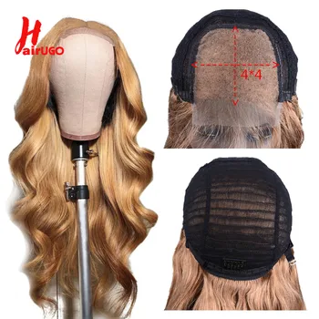 

HairUGo Ombre 4x4 Closure Wig Non-Remy Peruvian Blonde Wig Body Wave Wig With Baby Hair Red Human Hair Lace Wig Pre Plucked 150%