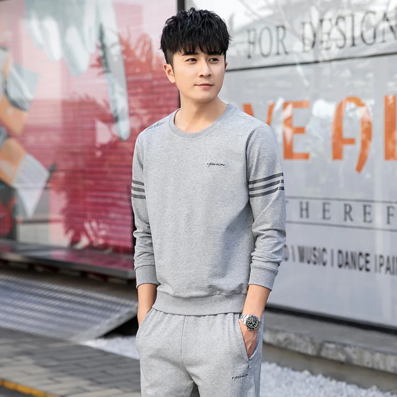 

Spring And Autumn Men's Crew Neck Long-sleeved Sweater Trousers Two-Piece Set Pure Cotton Leisure Suit Middle-aged Solid Color S