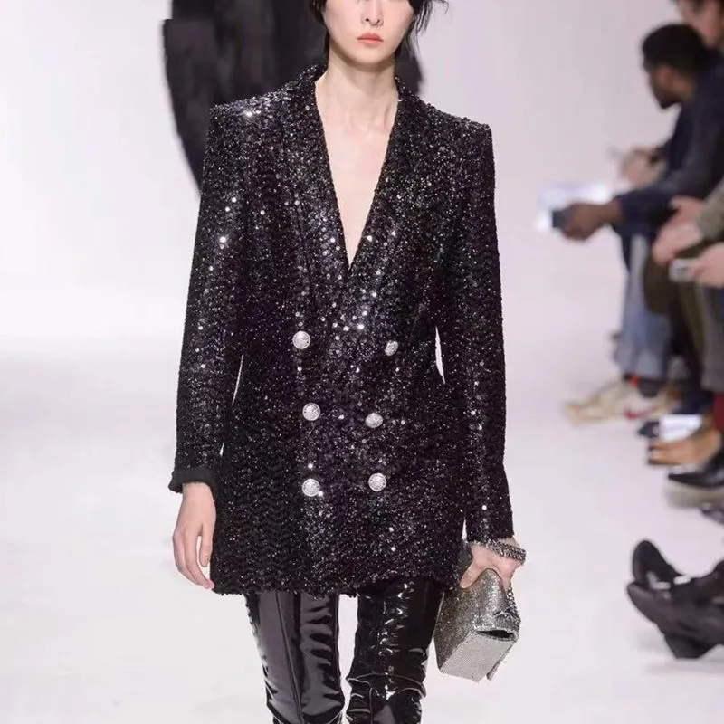 

2020 new spring notched double metal buttons high waist woolen thickness jacket female blazer V132