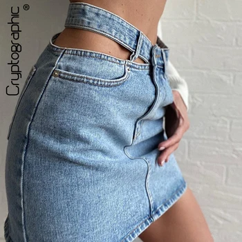 

Cryptographic Cut-Out Sexy High Waist Denim Skirts Skinny Streetwear A-line Pencil Jean Women Mini Skirt Bodycon Summer