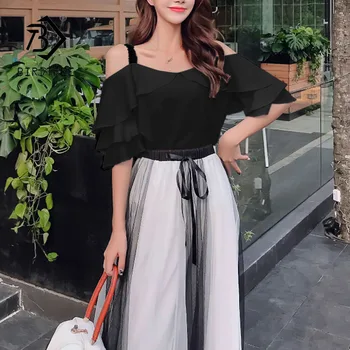 

Elegant Women Ruffle Sling Tops Casual Mesh Drawstring Waist Mid Long Skirt 2 Piece Set 2020 Summer Suit S01118M